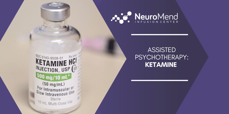 Ketamine in a glass bottle ready to be injected with syringe in background