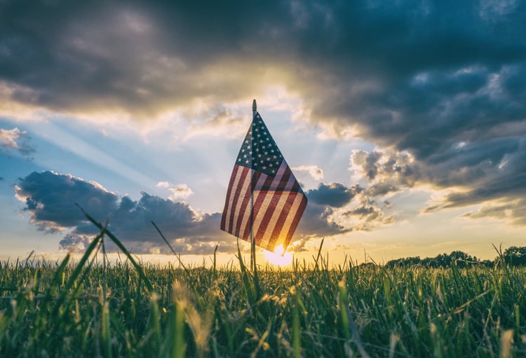 american flag posted in the grass photo by aaron-burden